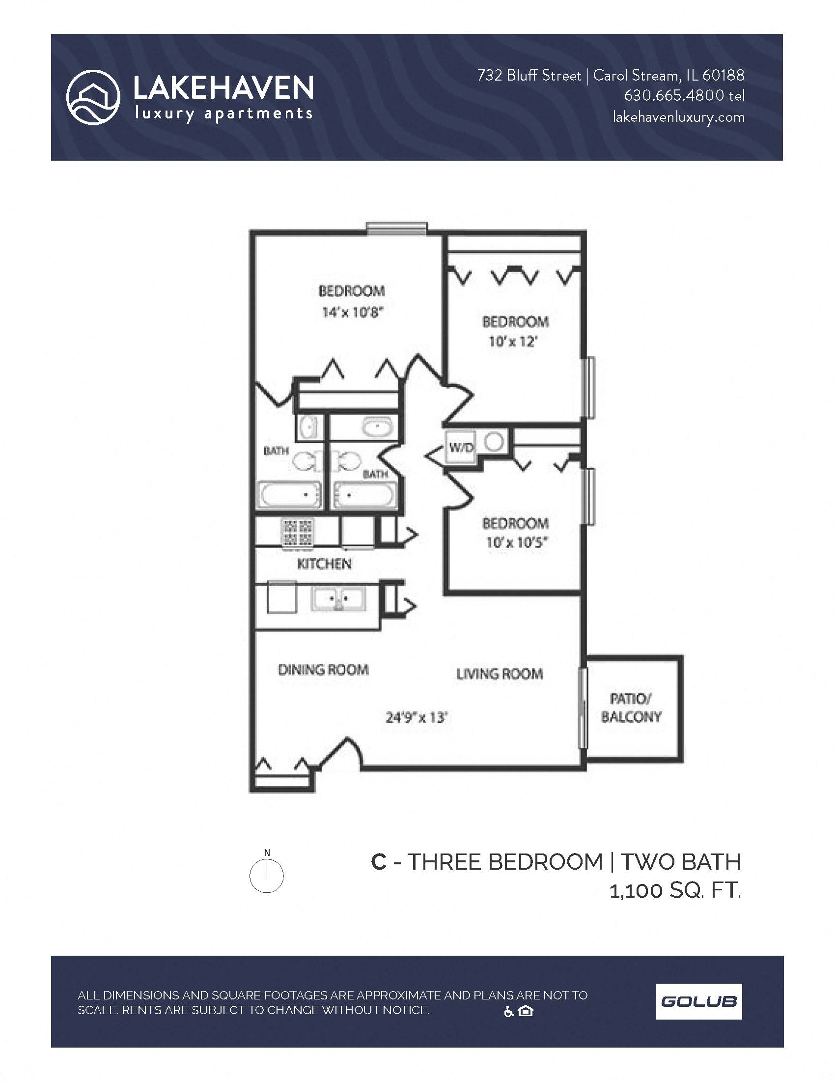Floor plan for 3 beds, 2 baths, 1100 sqft